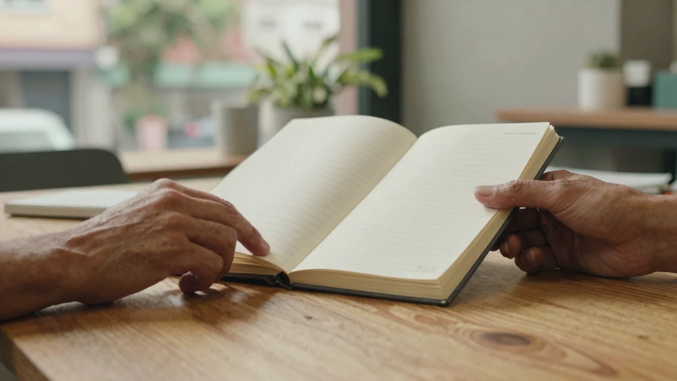 Detalle de manos sosteniendo una libreta con notas de trabajo sobre una mesa de madera, luz natural suave, encuadre docu