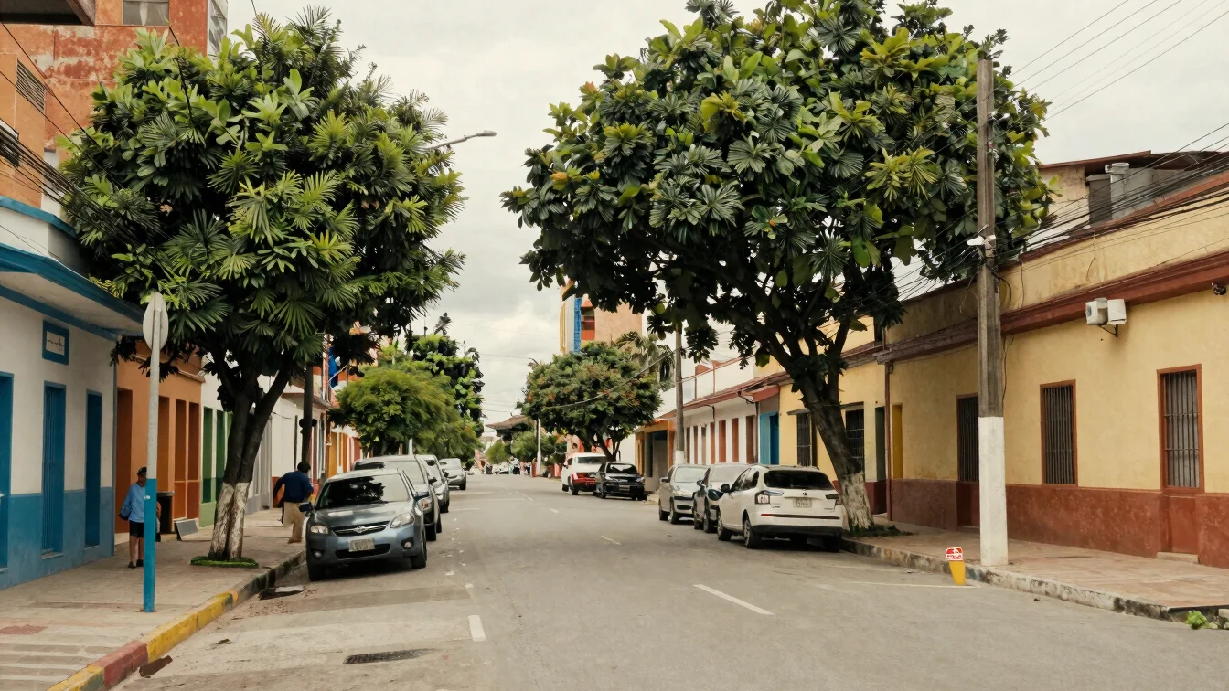 Calle urbana cotidiana de Colombia con árboles y fachadas sencillas bajo luz natural, encuadre ambiental amplio, sin log