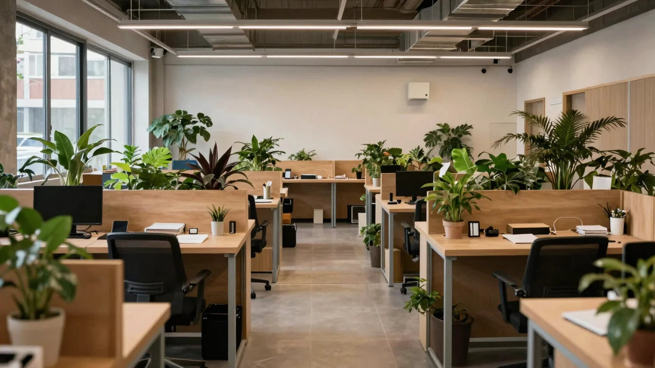 Espacio de trabajo luminoso con escritorios vacíos y plantas verdes, luz difusa, encuadre documental sin marcas visibles