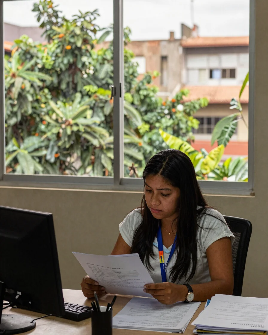 Documental editorial, luz natural difusa: una persona colombiana revisando documentos de una empresa en un escritorio ju
