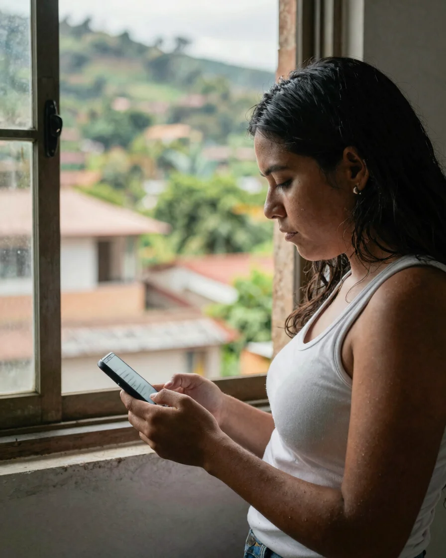 Persona colombiana revisando una lista de ofertas en un celular j